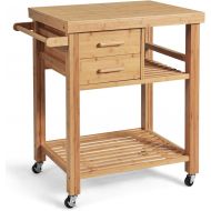 Giantex Kitchen Island, Bamboo Island Cart, Kitchen Trolley Cart on Wheels, Rolling Kitchen Cart, 2 Drawers, Towel Rack, Casters with Lock (Natural)