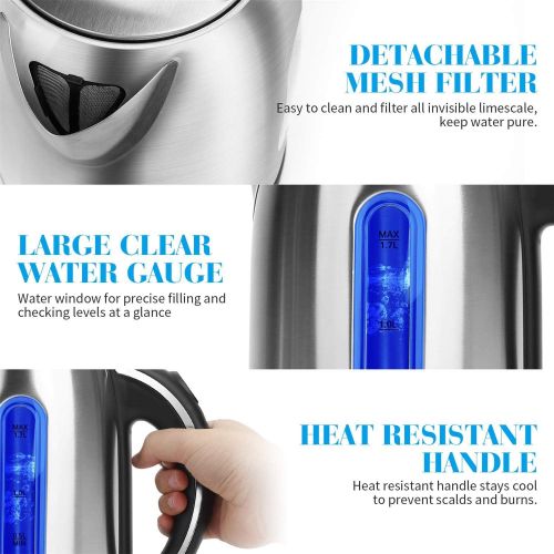  Aigostar King 30CEA - Wasserkocher aus Edelstahl mit LED-Beleuchtung, 2200 Watt mit 1,7 Liter Grossraum, kochtrocknender Schutz, BPA frei.EINWEGVERPACKUNG