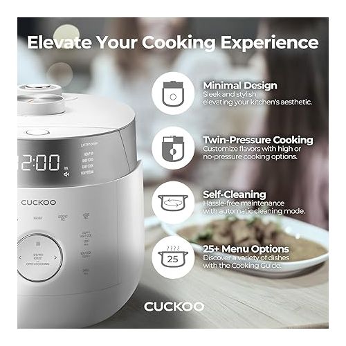  CUCKOO CRP-LHTR0609FW Small Stainless Steel Rice Cooker 6-Cup (Uncooked), 12 Cups (Cooked) with Induction Heating Dual Pressure, 16+ Menu Options (White)