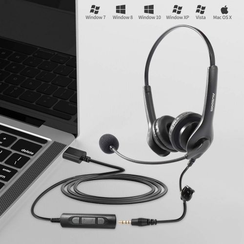  USB and 3.5mm Computer Headset with Noise Cancelling Microphone, AUSDOM BS01 Wired Phone Headset Crystal Clear with Volume Control for Voice Calls Skype Webinars Zoom Meeting PC La
