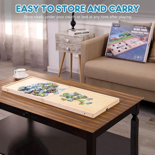  Neexan Fast Sling Puck Game 2 Games in 1,Portable Jigsaw Puzzle Board,Large Wooden Foosball Winner Game for Kids and Adults, Foldable Family Board Table Games for Gift
