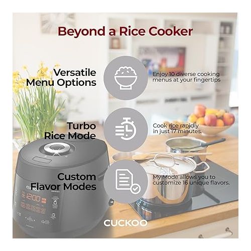  CUCKOO CRP-PK1001S | 10-Cup/2.5-Quart (Uncooked) Pressure Rice Cooker | 12 Menu Options: Quinoa, Scorched Rice, GABA/Brown Rice, Multi-Grain & More, Made in Korea | Black , 19 x 15 x 13