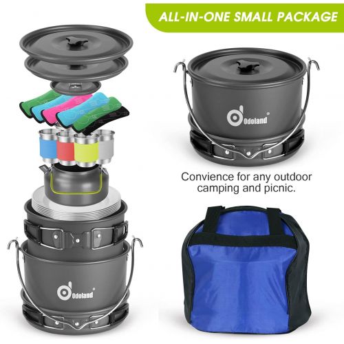  Odoland 39pcs Camping Cookware Mess Kit, Non-Stick Large Size Hanging Pot Pan Kettle with Base Dinner Cutlery Sets for 6 and More, Cups Dishes Forks Spoons Kit for Outdoor Camping