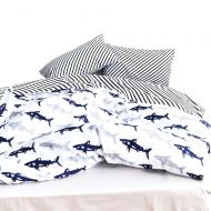 OTOB 100% Cotton Fish Pattern Bedding Sets Twin Duvet Cover for Boys Kids Girls Toddler Crib 3 Piece Reversible Striped Twin Duvet Cover Set White Grey Navy Blue Cartoon Ocean Shar