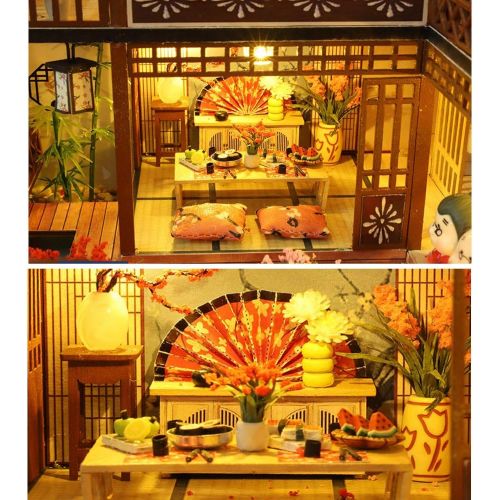  WYD 3-Story Japanese-Style Villa Model Japanese Style Wooden Assembled Dollhouse Kit Puzzle Toys Furniture Kits LED Light House Gift for Friends Parents Children(with dust Cover an