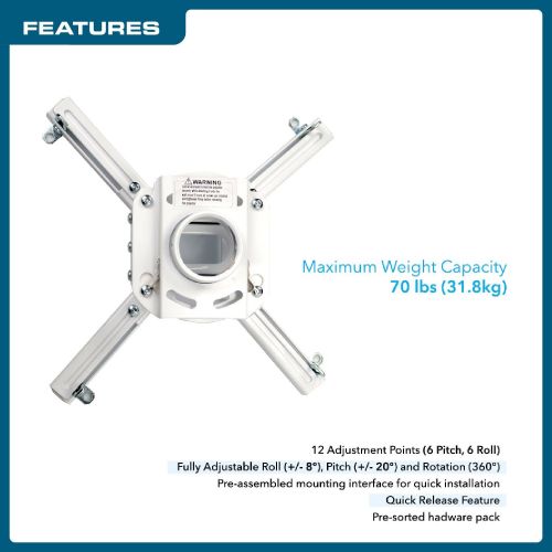  [아마존베스트]QualGear Pro-AV QG-KIT-CA-3IN-W Projector Mount Kit Accessory Single Joist Ceiling Adapter, 3 1.5, White
