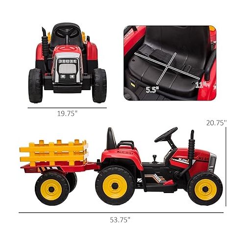  Aosom 12V Ride on Tractor with Trailer, 25W Dual Motors, Battery Powered Electric Tractor with Remote Control, Music Startup Sound and Horn, LED Lights, Red