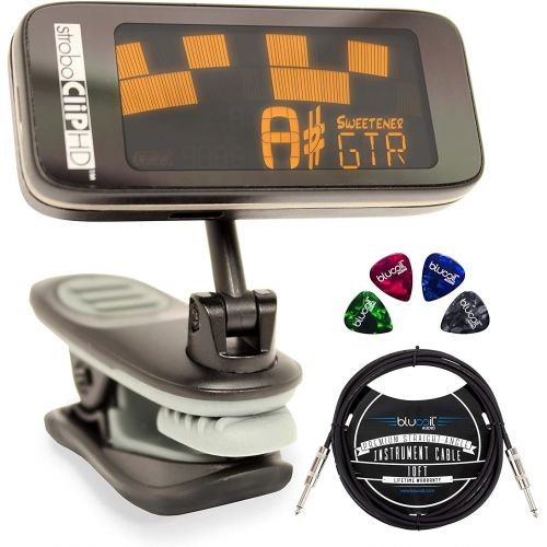  Peterson StroboClip HD Clip-On Tuner Guitar, Bass, Violin, Ukulele, Harp, Brass, Woodwind, Orchestral Bundle with Blucoil 10 Straight Instrument Cable (1/4), and 4-Pack of Celluloi