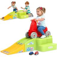Simplay3 Deluxe Race and Ride Kids Downhill Roller Coaster and Racetrack with Cars, Indoor-Outdoor Ride-on Toy, Includes Two Toy Race Cars and Amusement Park Decals, Ages 2-5 Years, Made in The USA