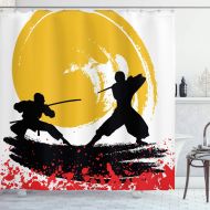 Ambesonne Japanese Shower Curtain, Watercolor Style Silhouette?Ninjas in The Moonlight Medieval, Cloth Fabric Bathroom Decor Set with Hooks, 69 W x 75 L, Vermilion Mustard