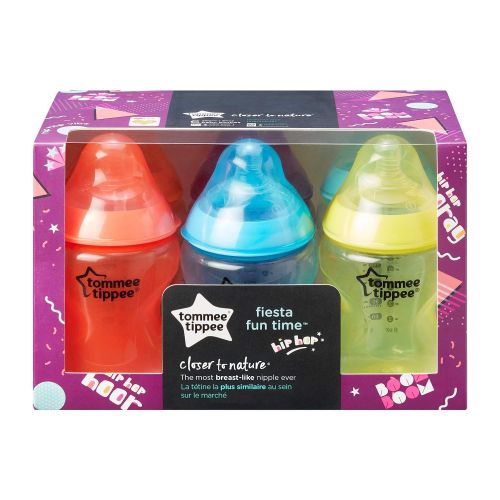 토미티피 Tommee Tippee Closer to Nature Fiesta Baby Feeding Bottles, Anti-Colic, Slow Flow, BPA-Free - 9 Ounces, Multi-colored, 6 Pack (522597)