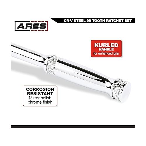  ARES 42048-3-Piece 90 Tooth Ratchet Set - Premium Chrome Vanadium Steel Construction & Mirror Polish Finish - Quick Release for Easy Socket Change - 90-Tooth Reversible Design with 4 Degree Swing