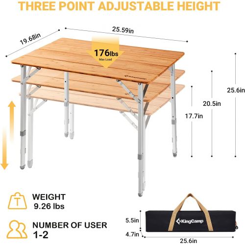  KingCamp Bamboo Folding Table Environmental Camping Table with Adjustable Height Aluminum Legs Heavy Duty 4-Folds Portable Camp Tables for Travel, Picnic, Party, Beach, Outdoor and