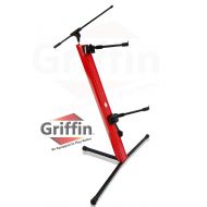 2-Tier Column Keyboard Stand with Mic Boom Arm by Griffin | Double Sliding Mounting Arms | Deluxe Red Tower Base with Adjustable Height | Mounts Turntables, DJ Gear, Studio Synthes