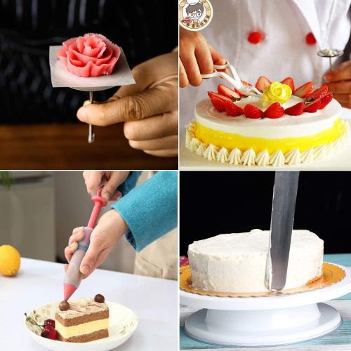  [아마존베스트]WisFox Cake Plate Rotating Cake Stand Cake Turntable Cake Decorating Turntable with Icing Piping Bag and Tips Set, Icing Spatula and Smooth, Pastry Tool