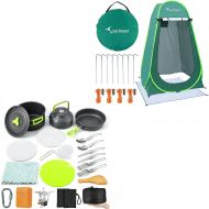 Sportneer 18Pcs Camping Cookware Set and Pop Up Privacy Changing Tent Camping Shower Tent