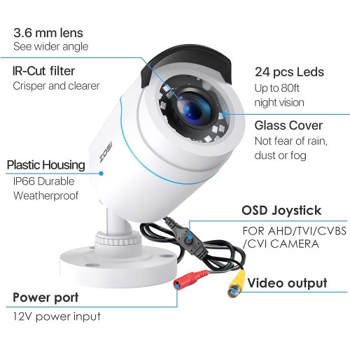  [아마존베스트]ZOSI 2.0MP FHD 1080p Security Camera Outdoor/Indoor (Hybrid 4-in-1 HD-CVI/TVI/AHD/960H Analog CVBS),24PCS LEDs,80ft Night Vision,Weatherproof Surveillance CCTV Bullet Camera