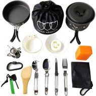Gold Armour 17 Pieces Camping Cookware Mess Kit Backpacking Gear and Hiking Outdoors Bug Out Bag Cooking Equipment Cookset | Lightweight, Compact, Durable Pot Pan Bowls (Black)