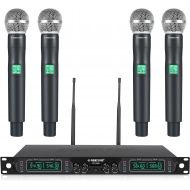 Wireless Microphone System, Phenyx Pro 4-Channel UHF Cordless Mic Set With Four Handheld Mics, All Metal Build, Fixed Frequency, Long Range 260ft, Ideal for Church,Karaoke,Weddings