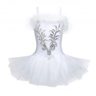 TiaoBug Girl Sequined Beads Fairy Ballerina Swan Costume Ballet Dance Leotard Spaghtetti Tutu Dress with Gloves Hair Clip Set