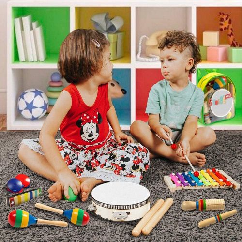  [아마존베스트]Stoies 17 pcs Musical Instruments Set for Toddler and Preschool Kids Music Toy - Wooden Percussion Toys for Boys and Girls Includes Xylophone - Promotes Early Development and Educa