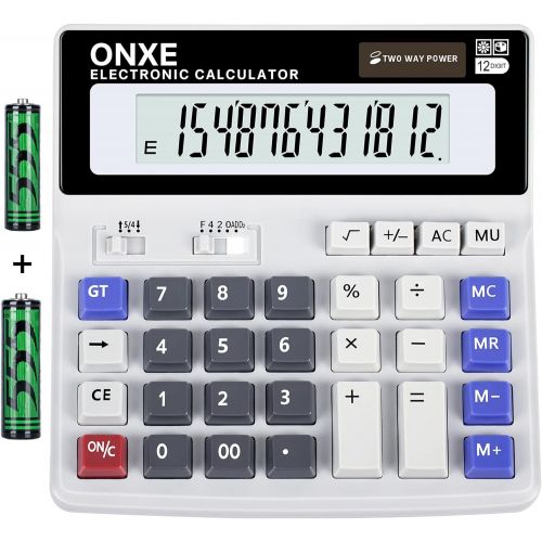  Calculator, ONXE Standard Function Scientific Electronics Desktop Calculators, Dual Power, Big Button 12 Digit Large LCD Display, Handheld for Daily and Basic Office (White)