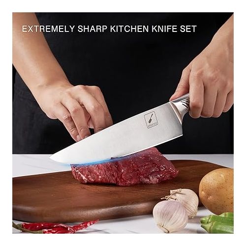  imarku Knife Set with Block for Kitchen, 14PCS High Carbon Stainless Steel Knife Set, One-piece Dishwasher Safe Kitchen Knives Set, Chef Knife Set with Built-in Sharpener, Non-slip Ergonomic Handle