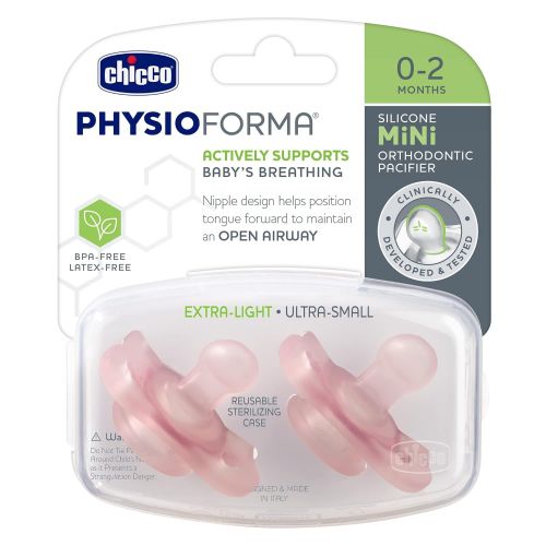 치코 Chicco PhysioForma Silicone Mini Pacifier in Pink for Babies 0-2m, Orthodontic Nipple, BPA-Free, 2-Count in Sterilizing Case