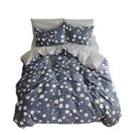 OTOB Cotton Girls Floral Teen Bedding Sets Full Size with 2 Pillow Shams Flower Striped Queen Duvet Cover Set for Kids Adults Women Student White Navy Blue Reversible, Queen/Full