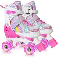Nattork Girls Roller Skates for Kids, 4 Size Adjustable Rainbow Quad Skates with All Light Up Wheels - Best Birthday Gift for Outdoor Sports