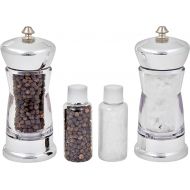 Chrome Top Manual Grinders, Set Of 2, Filled With Sea Salt And Black Peppercorns, Refill Jars Included