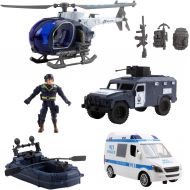 Vokodo Deluxe Police Special Operations Rescue Series Play Set Includes Armed Helicopter Armored Vehicle Ambulance Water Raft Canoe Soldier and Artillery Perfect Kids Pretend Army