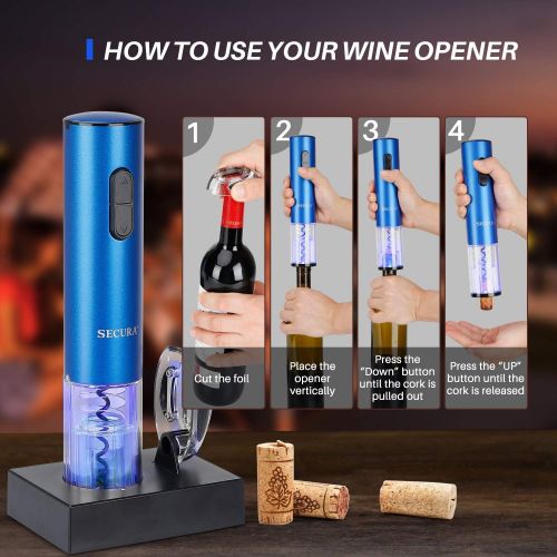  [아마존베스트]Secura Electric Wine Opener, Automatic Electric Wine Bottle Corkscrew Opener with Foil Cutter, Rechargeable (Blue)
