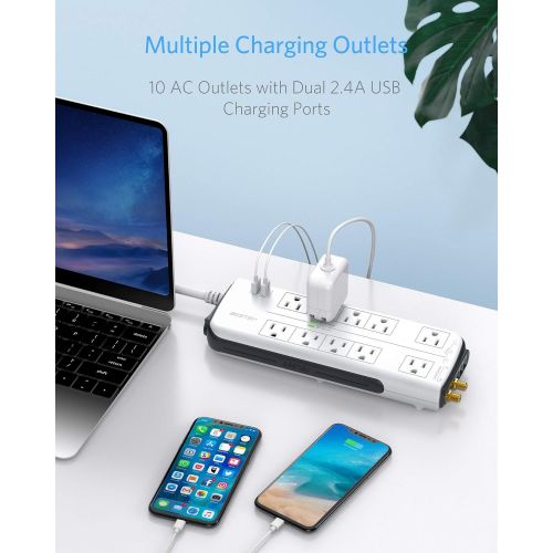  High Joule Power Surge Protector BESTEK, 4000 Joule 10-Outlet Power Strip 2 Smart USB Charging Ports, 6ft Heavy Duty Extension Cord