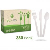 Ecovita 100% Compostable Forks Spoons Knives Cutlery Combo Set - 380 Large Disposable Utensils (7 in.) Eco Friendly Durable and Heat Resistant Plastic Cutlery Alternative with Convenient T