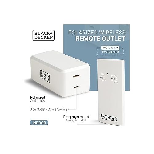  BLACK+DECKER Wireless Remote-Control Outlet, 1 Polarized Outlet, 1 Remote - Premium Light Switches