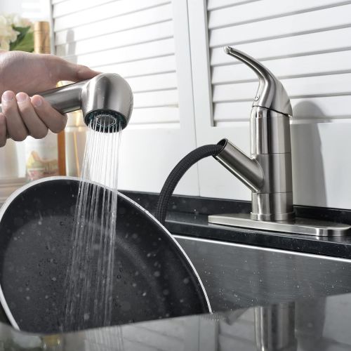  Ufaucet Modern Best Commercial Cen Brushed Nickel Stainless Steel Single Lever Single Handle Pull Out Sprayer Prep Kitchen Sink Faucets,Brushed Nickel Finished