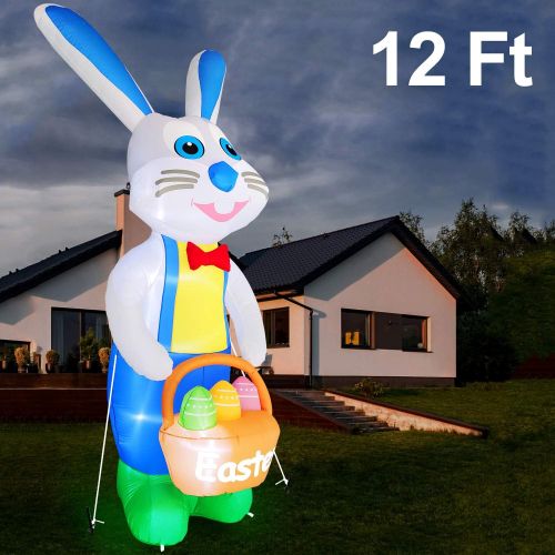  할로윈 용품AMENON 12 Ft Tall Easter Inflatables Bunny with Basket and Eggs Easter Outdoor Decorations Inflatables Bunny Blow Up LED Lighted Easter Bunny Decor for Indoor Outdoor Holiday Yard