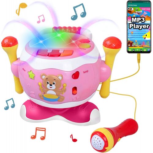  [아마존베스트]Rabing Baby Musical Toy Drum, 5-in-1 Toddler Musical Instruments Toy with Microphone & Lights, Kids Drum Set for Boys Girls 0-3 Years Old Birthday Gift, Early Educational Learning