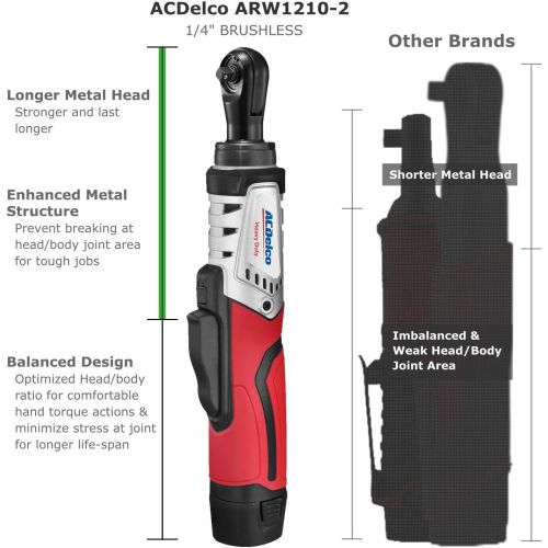  [아마존베스트]ACDelco G12 Series 12V Max Cordless ¼” Brushless 45 ft-lbs. Li-ion Ratchet Wrench Tool Kit (ARW1210-2P)