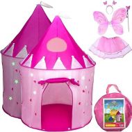 Playz 5-Piece Princess Castle Girls Pop Up Play Tent & Dress Up Costume Bundle - Playhouse Gift for Girls & Toddler for Indoor & Outdoor Use with Pink Fairy Tale Carrying Bag & Glow in The Dark Stars