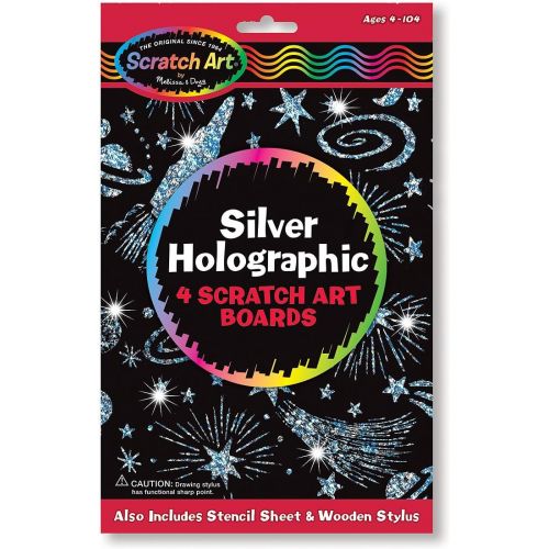  Melissa & Doug Scratch Art Silver Holographic Boards - 4 Boards, Stencil Sheet