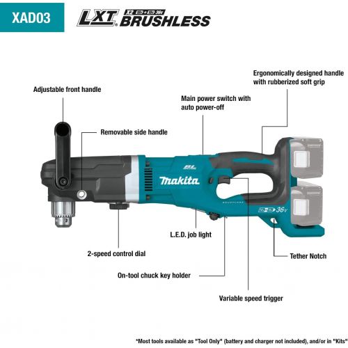  [아마존베스트]Makita XAD03PT 18V X2 LXT Lithium-Ion (36V) Brushless Cordless 1/2 Right Angle Drill Kit (5.0Ah)