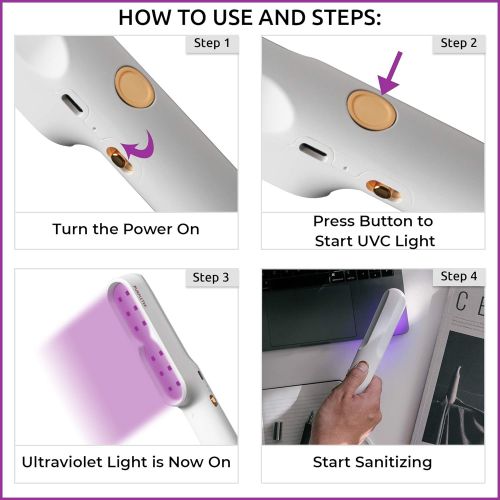  PurpleTek Portable UV Light Sanitizer Wand, Rechargeable UV Disinfection Lamp for Home, Office, Hotel, & Travel