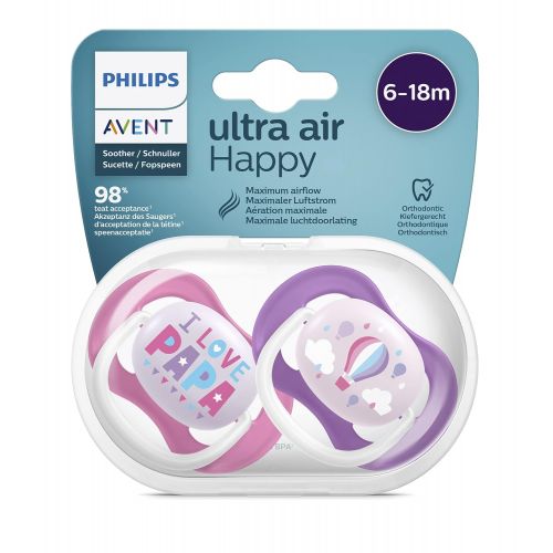 필립스 Philips Avent SCF080, 04, Ultra Air Dummy, 6 18 Months, Soft Teat, Pack of 2, Raspberry Pink and Purple