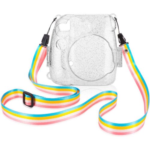  Wolven Clear Camera Case w Adjustable Rainbow Shoulder Strap Compatible with Fujifilm Instax Mini 8, Mini 8+, Mini 9 Instant Camera (Crystal)