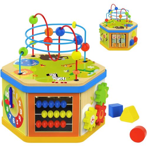  TOP BRIGHT Activity Cube Toys Baby Wooden Bead Maze Shape Sorter 7-in-1 Toys for 1 Year Old Boy and Girl Toddlers Gift