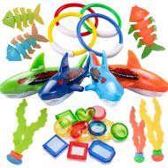 UNEEDE 26PCS Diving Pool Toys Underwater Swimming Pool Toys Including (4) Diving Rings (4) Toypedo Bandits (3) Stringy Octopus (3) Diving Fish and (12) Treasures Gift Set for Kids,