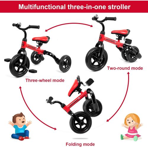  Ancaixin 3 in 1 Toddler Tricycles for 2 - 4 Years Old Boys and Girls with Detachable Pedal and Bell Foldable Baby Balance Bike Riding Toys for 24 Month Up Kids Infant First Birthday New Yea
