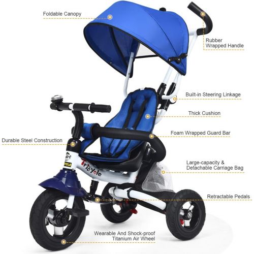  [아마존베스트]Costzon Baby Tricycle, 6-in-1 Foldable Steer Stroller, Learning Bike w/Detachable Guardrail, Adjustable Canopy, Safety Harness, Folding Pedal, Storage Bag, Brake, Shock Absorption